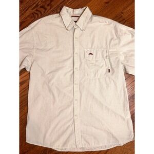 Simms Mens Large Short Sleeve Button Down Fishing Shirt Tan Plaid Cotton Trout